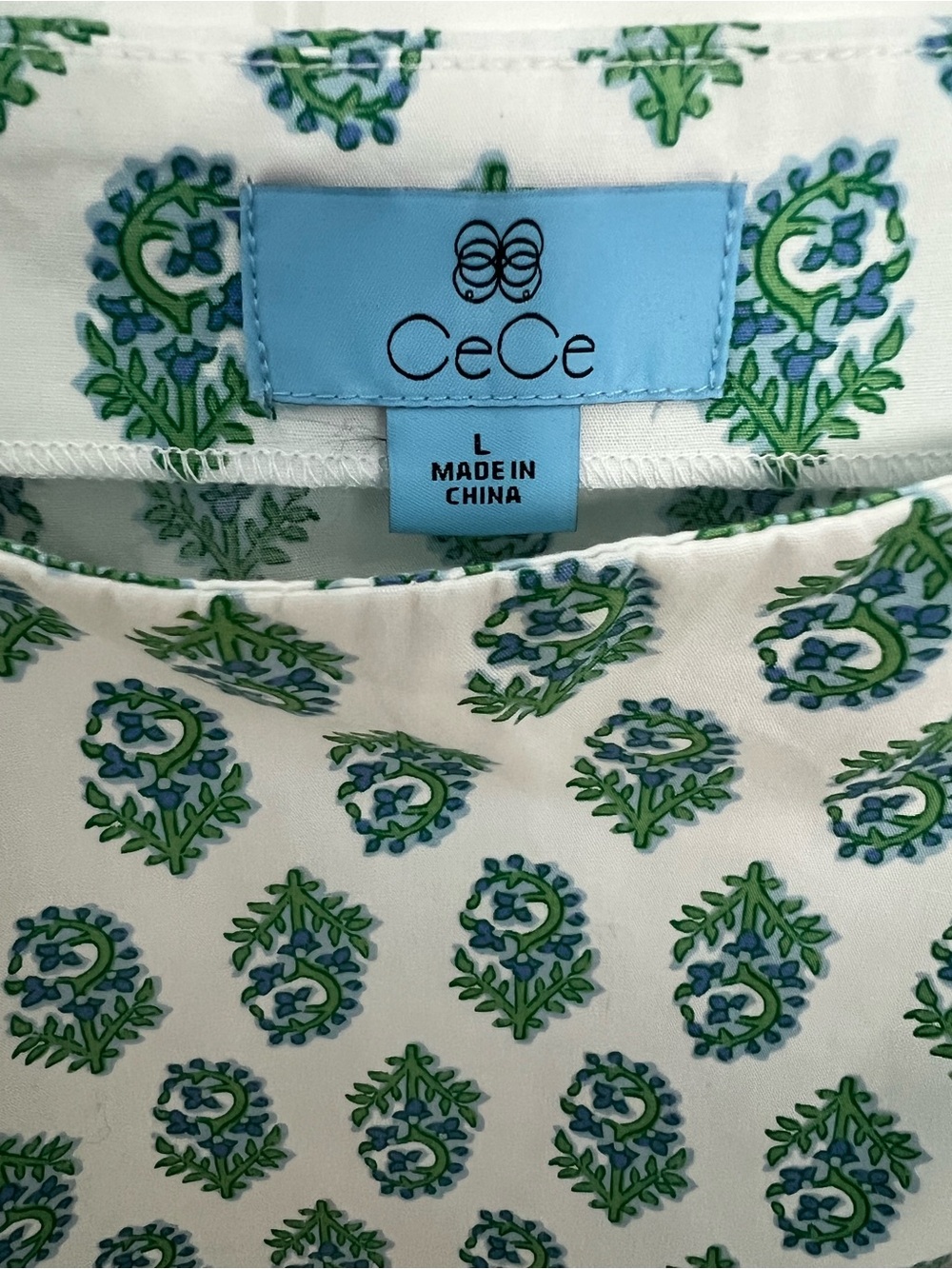CeCe White & Green Paisley Print Puff Sleeve Square Neck Blouse Size Large - Picture 2 of 7